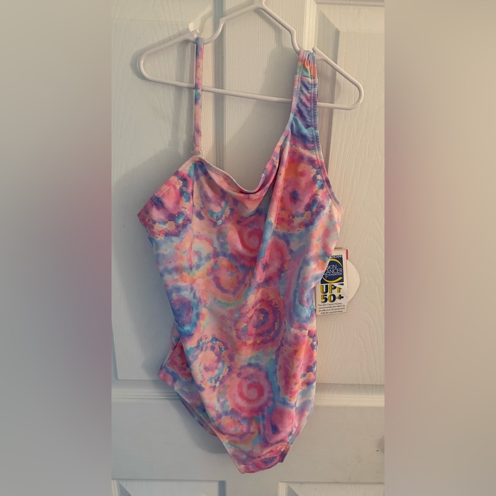 Andy & Evan Youth Girls cotton candy swirl one piece swimsuit with side cutout
